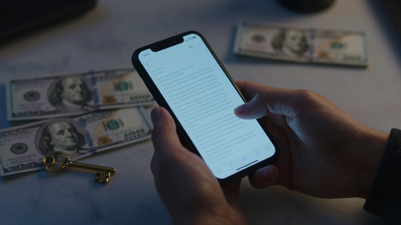 A hand holding an encrypted message on a phone, surrounded by unmarked cash and a gold key in a dark room.