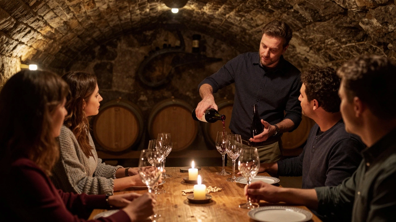 A private wine tasting in an ancient Burgundy cellar, candlelight reflecting off crystal glasses.