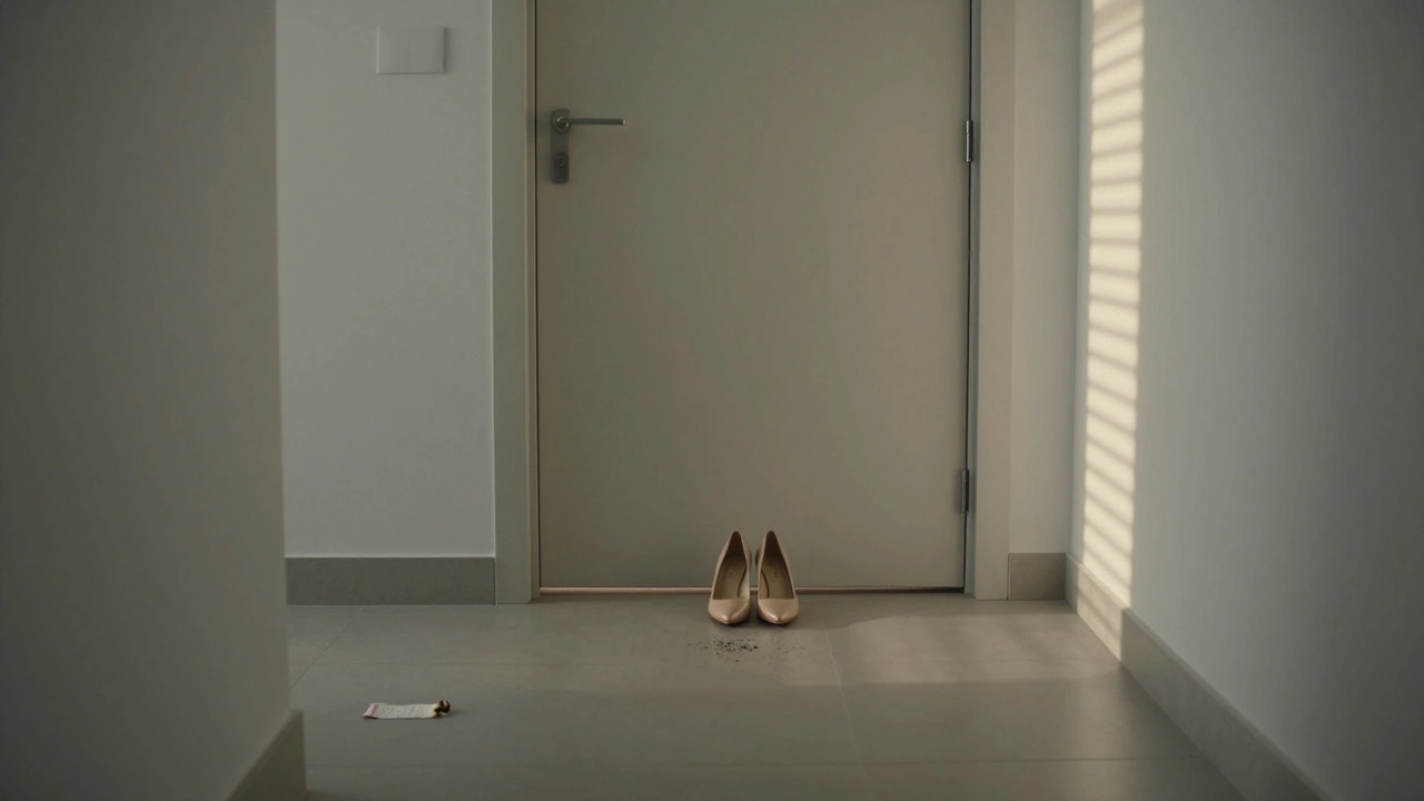 Empty hallway in a Dubai apartment with polished heels by a closed door and ash from a burned note on the floor.